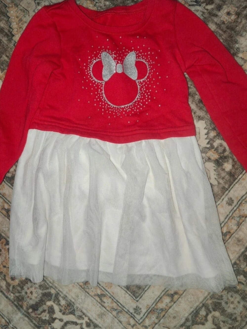 Disney Red Long-Sleeve Tulle Dress Top with White Skirt and Silver Bow